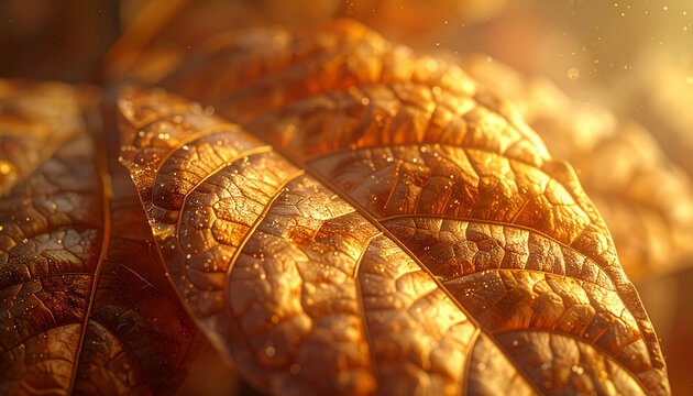 Close up of textured golden leaves with sunlight highlighting veins and patterns