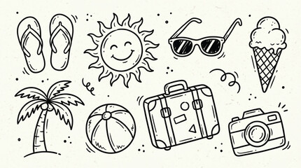 Summer vacation doodles with sun sunglasses beach ball and ice cream. © su