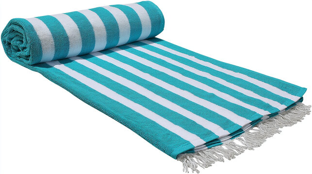 Rolled blue and white striped beach towel with fringe on a white background
