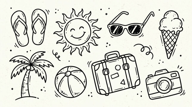 Summer vacation doodles with sun sunglasses beach ball and ice cream.