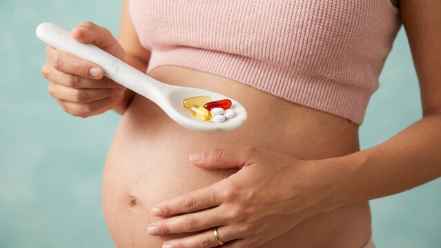 Pregnant woman holding a spoon full of prenatal vitamins, symbolizing healthy pregnancy and nutrition
