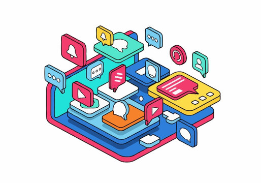 A colorful illustration of social media icons and devices.