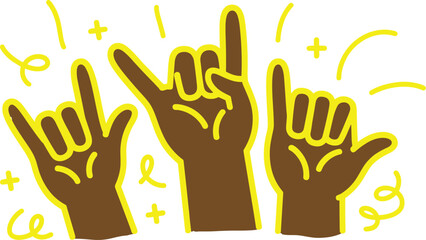 Fototapeta premium Three diverse hands gesturing different celebratory and positive symbols against a white background