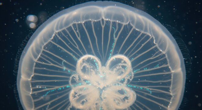 Detailed Macro Shot of a Glowing Moon Jellyfish Aurelia Aurita Floating in the Deep Ocean Background