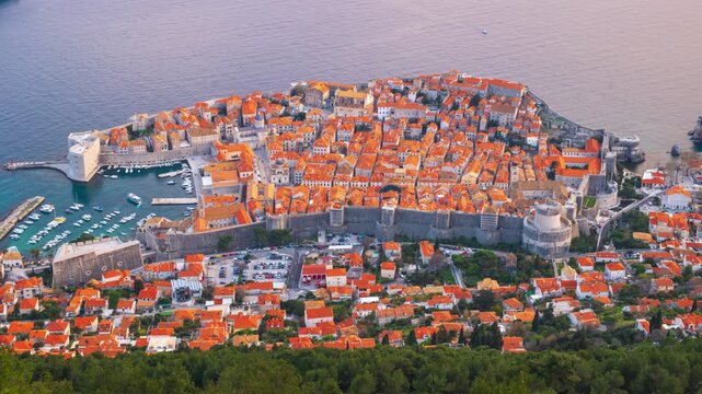 Dubrovnik, Croatia historic walled city at twilight.