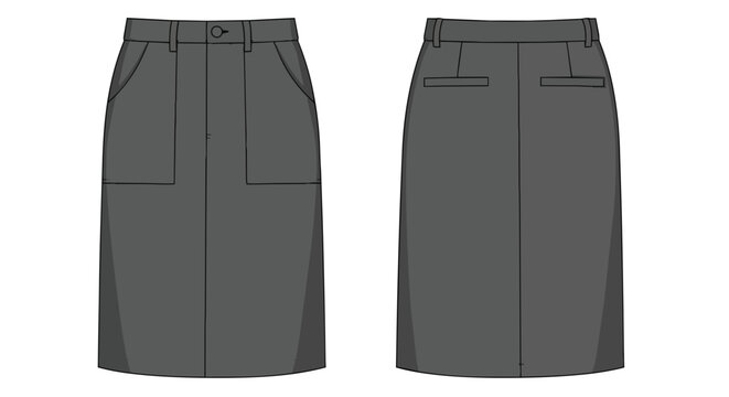 Women's Charcoal Grey Midi Skirt Technical Fashion Sketch Front and Back View Illustration
