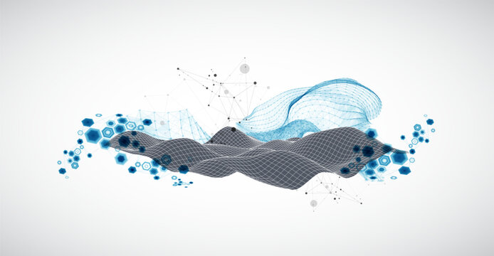 Grid geometric landscape with plexus particles and hexagonal elements. Vector template for tech banner or science presentation.