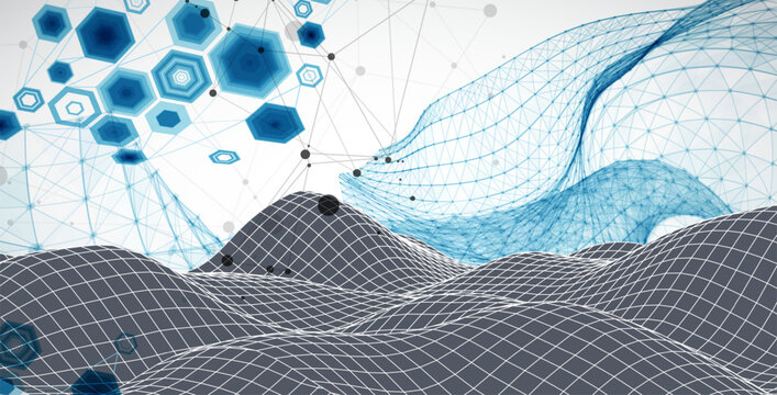 Grid geometric landscape with plexus particles and hexagonal elements. Vector template for tech banner or science presentation.