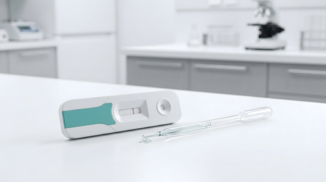 Negative rapid test kit and dropper on laboratory table.