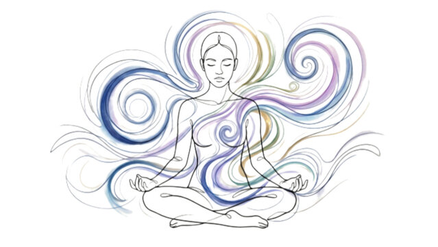 Continuous One Line Human Silhouette with Flowing Energy Curves &ndash; Emotional Energy and Sensory Awareness Concept Line Art