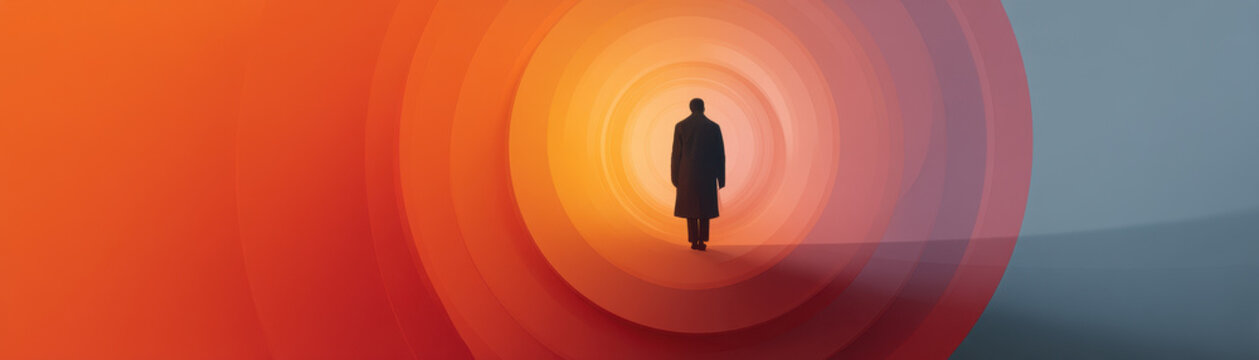 Abstract silhouette tunnel layered circle background orange gradient ring lonely man walking surreal minimal art inner journey concept modern background design mysterious corridor emotional