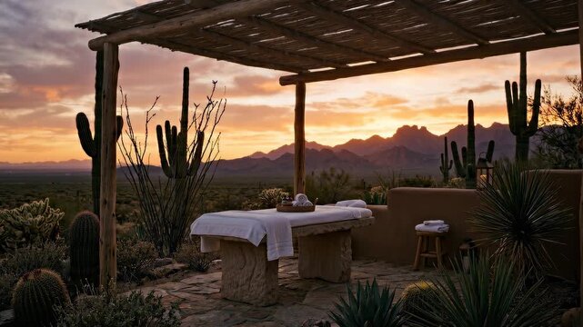 Panning shot of massage table on desert patio under pergola overlooking saguaro cactus and distant mountains at sunset with gentle camera movement