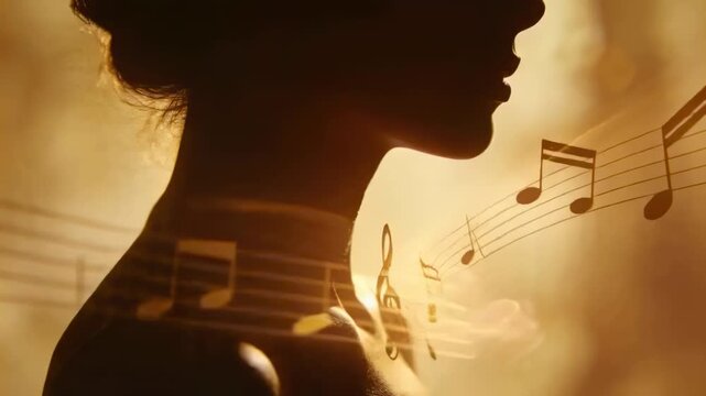 Emerging staff left, clef notes wrapping profile woman in studio light, bun shoulder implying song