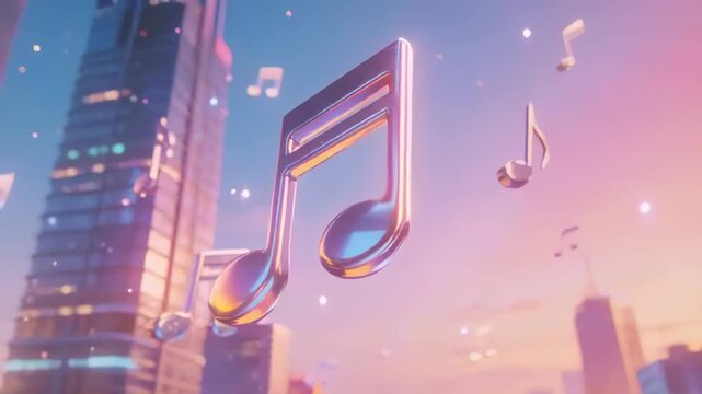 Drifting double eighth note toward viewer as camera dolly starting over skyline, revealing glitter