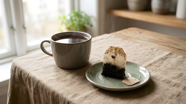 A cup of hot drink sits next to a small piece of dessert on a plate. The setup is on a simple table with natural light coming through the window, creating a warm atmosphere