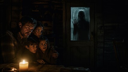 Obraz premium Family sitting by candlelight in dark room while shadowy figure appears at window, horror suspense concept, fear, mystery, supernatural thriller, Halloween.