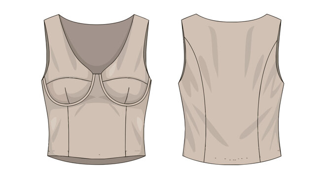 Women Beige Corset Bustier Cropped Tank Top Fashion Technical Flat Illustration Front and Back View