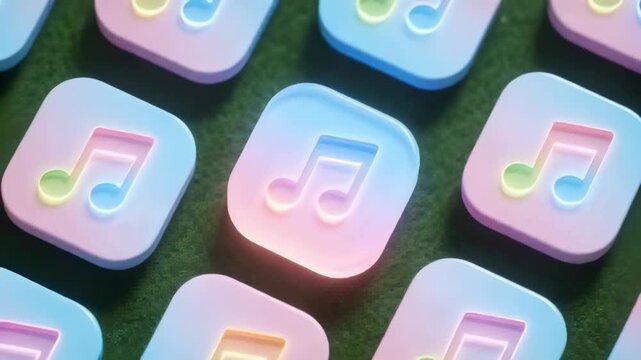 Pulling back camera revealing central music-note tile on textured green mat, pastel lights sweeping