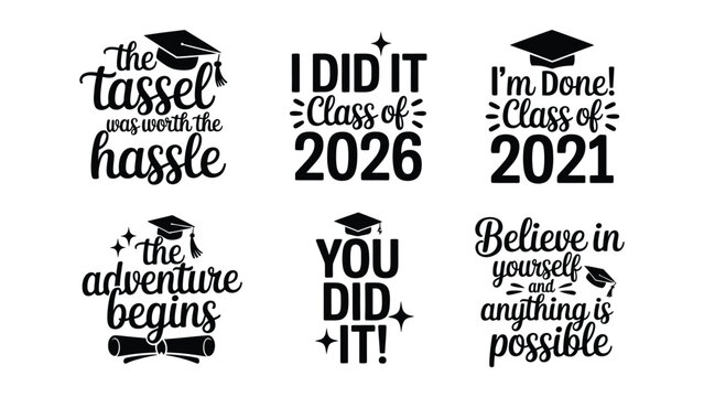 Collection of graduationthemed quotes and graphics featuring academic caps and diplomas for celebration and achievement