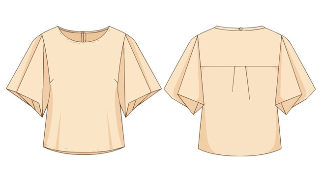 Technical fashion flat sketch of a women's cream blouse with flared sleeves and back pleat detail illustration