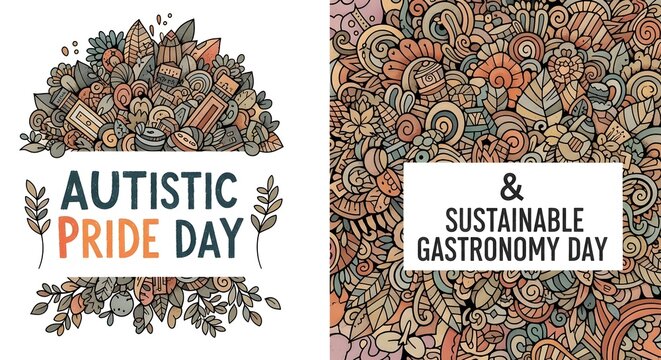 Autistic Pride Day and Sustainable Gastronomy Day Dual Banner with Hand Drawn Doodle Patterns