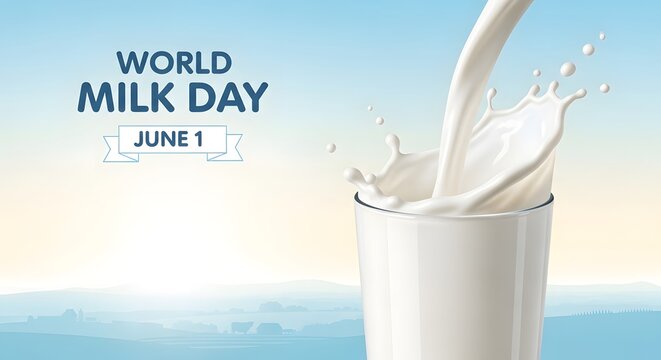 World Milk Day Banner with Pouring Fresh Milk Splashing into Glass on June 1