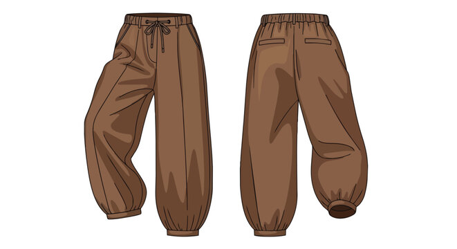 Brown Baggy Trousers with Drawstring Waist and Elastic Cuffs Front and Back View Fashion Illustration Template