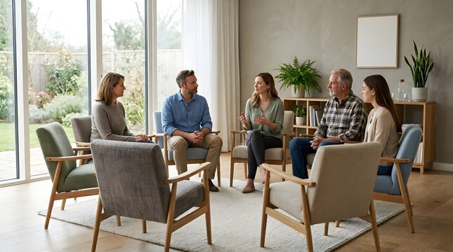 Five people sit in a circle inside a bright room. They engage in conversation while seated in comfortable chairs. Plants are visible through large windows