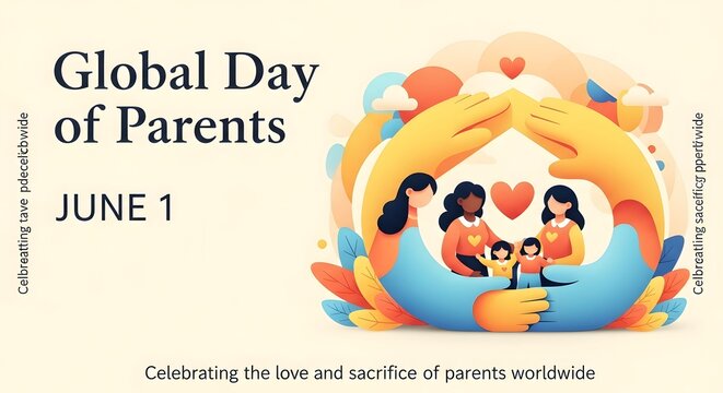 Global Day of Parents Banner with Protective Hands Framing Family Illustration and June 1 Typography