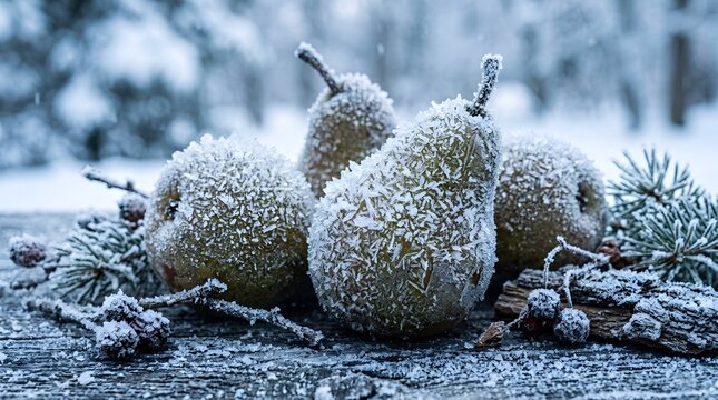 Frozen pears covered with ice crystals, winter food concept, ultra detailed macro photography, cool blue tones