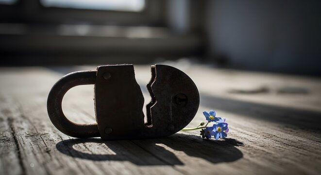 Broken Metal Padlock Split in Half with Small Blue Flower on Wooden Floor at Close Up View