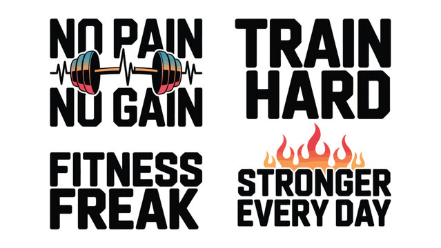 Motivational fitness slogans with barbell and heart rate graphic and fiery flames for gym and workout inspiration