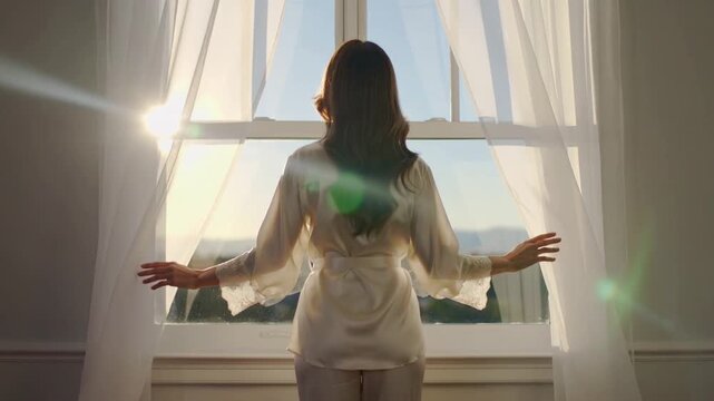 Placing hands on sheer curtains, woman pulling window open in satin robe at home, revealing sunrise