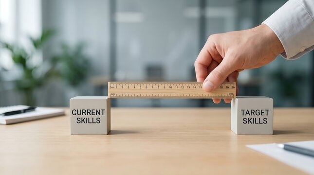 Business professional measuring skill gap with a wooden ruler