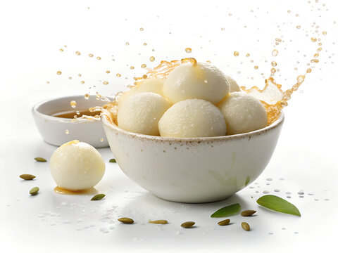 Rasgulla in ceramic bowl with sugar syrup splashes  isolated on white background