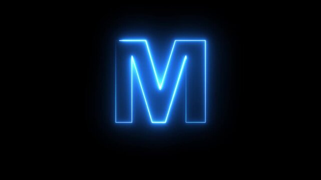 Glowing neon blue color English Capital letter M text icon animation education alphabet world smooth character effect sign symbol on black background