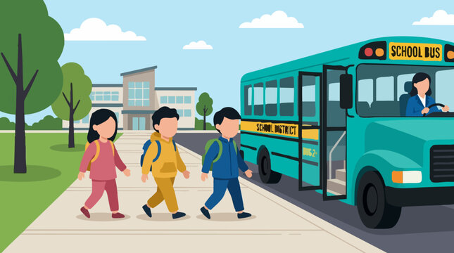 Students boarding school bus illustration with driver and school building