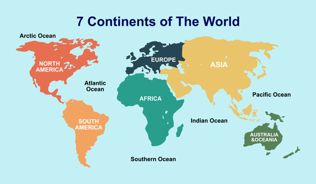 Seven continents map with national borders. Asia, Africa, North and South America, Antarctica, Europe and Australia. Detailed map under Robinson projection and English labeling