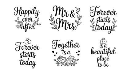 Obraz premium Set of six elegant black handlettered wedding phrases and quotes with decorative floral and ring elements for graphic design