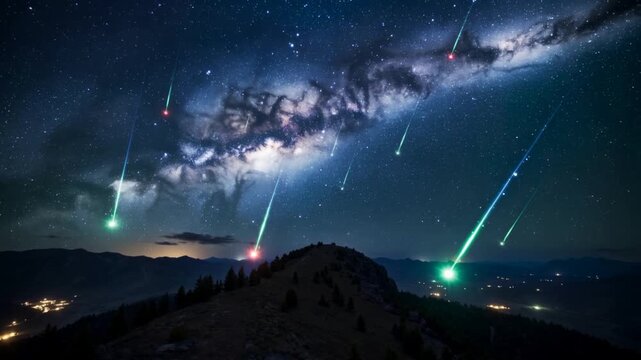 Peaking meteor shower streaking colored meteors across Milky Way over mountain ridge, valley lights