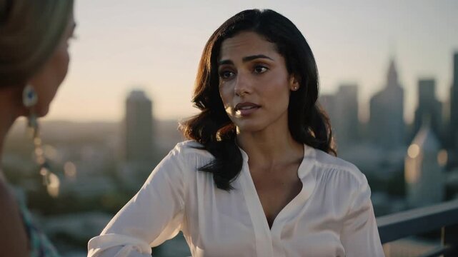 Listening white blouse woman leaning on rooftop rail sunset replying peer talking skyline earring