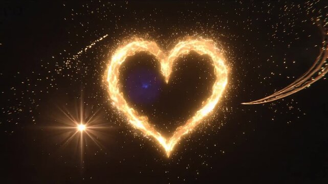Firing metallic emitter emitting blue-white energy and golden sparks in dark studio, forming heart