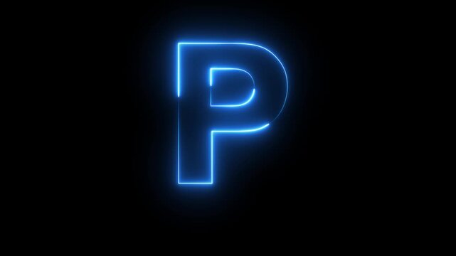 Glowing neon blue color English Capital letter P text icon animation education alphabet world smooth character effect sign symbol on black background