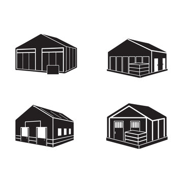 Four black and white silhouettes of different warehouse buildings with gable roofs and various doors and windows  industrial architecture