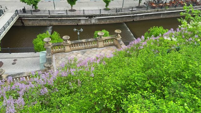 Explore the vibrant greenery and colorful flowers along the Tepla river in Karlovy Vary. See the beauty of the city during a spring day as nature thrives.