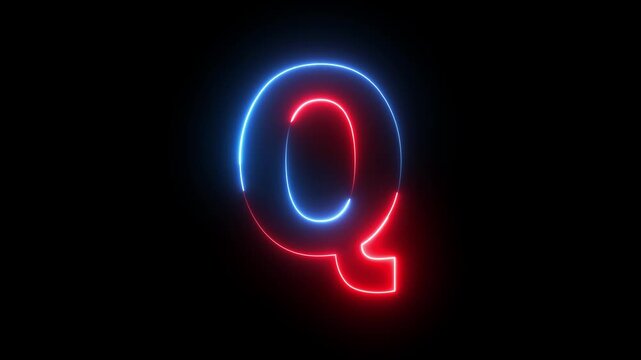 Glowing neon red and blue color English Capital letter Q text icon animation education alphabet world smooth character effect sign symbol on black background