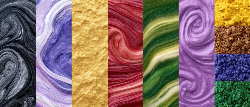 Abstract colorful textured patterns with artistic swirls and layered surfaces, creative design collection, modern graphic backgrounds, vibrant visual concept.