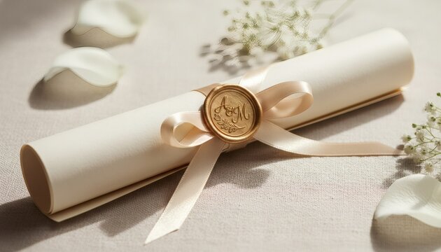 Elegant scroll wedding invitation tied with a silk ribbon and personalized gold wax seal for a romantic marriage announcement concept