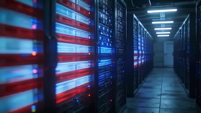 Advancing camera showing server racks with US flag LED panels in datacenter, showing system status