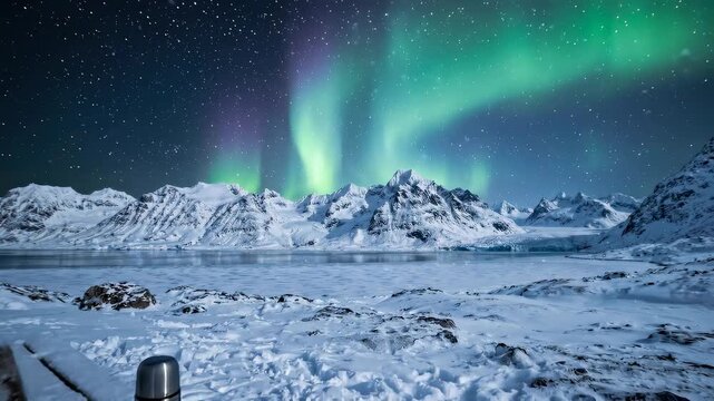 Panning shot of snowy bench with thermos and gloves overlooking aurora borealis above frozen fjord and jagged mountains at night in arctic winter